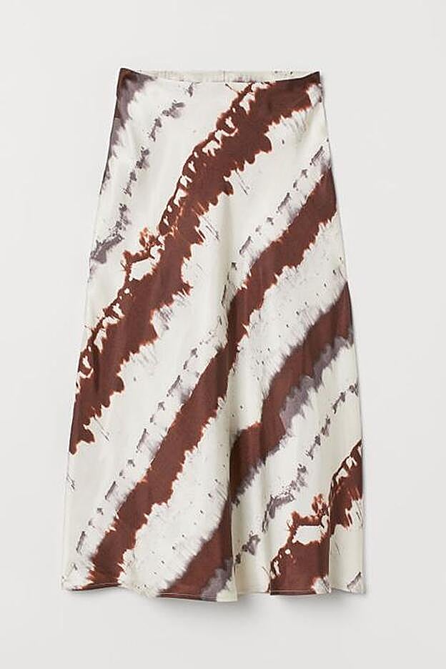 Falda midi con ligero vuelo en tejido grueso y de satén, 39,99 EUR.