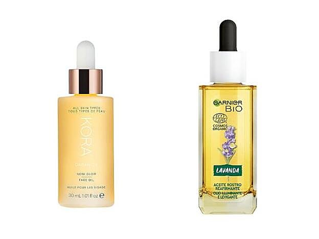 1. Noni Glow Facial Oil de Kora Organics (19,95 €). Exclusivo en Douglas. 2. Aceite Antiedad Lavanda de Garnier Bio (8,95 €).