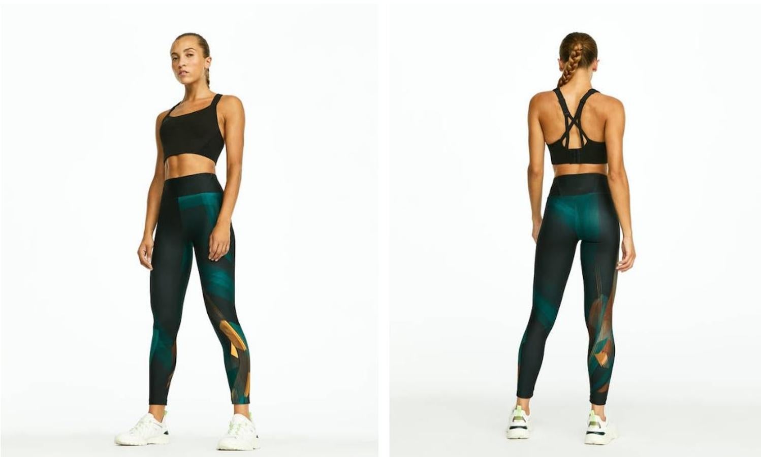 Leggings tobillero de cintura alta con estampado abstracto en fondo oscuro (29,99 €). El sujetador es de alta sujeción para deportes de alta intensidad. En la parte delantera tiene detalles de perforaciones láser que proveen ventilación ayudando a mantenerte más seca y cómoda. Los tirantes y la espalda son ajustables y las copas transpirables. (29,99 €).