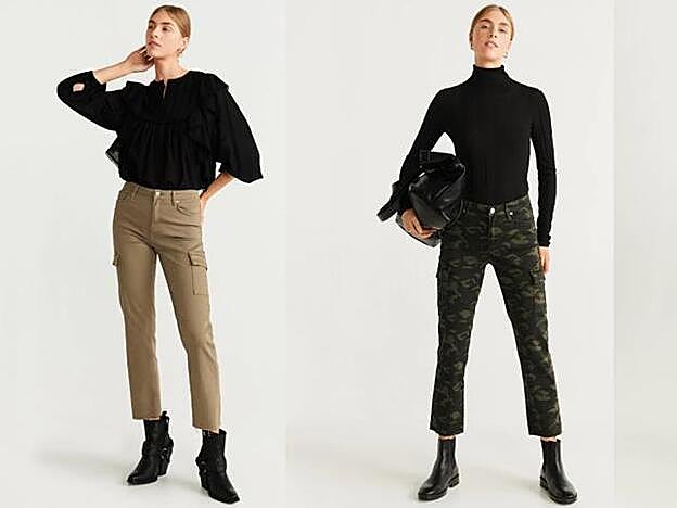 Modelo jean cargo de la nueva colección de Mango en colores crudo y verde medio