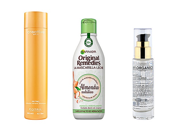 Miracle Intensive Shampoo de Cotril (14,95). Original Remedies Mascarilla Nutritiva de Almendra de Garnier (3,90 €). My Hydrating Serum de My Organics (30 €).