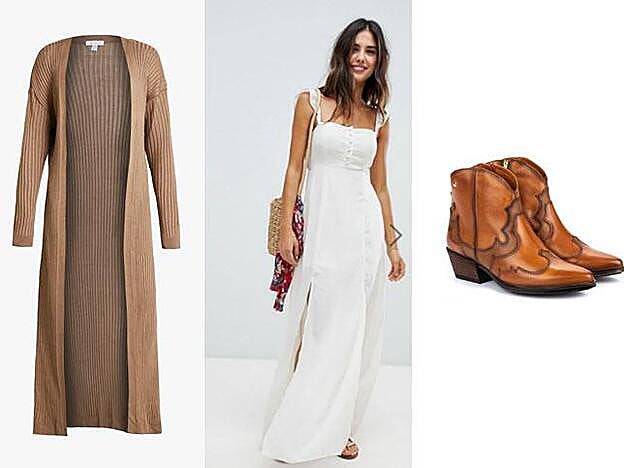 Chaqueta de punto en marrón claro de Top Shop (47 EUR) / Vestido largo con volantes en las mangas y abertura lateral en la pernera de Lunik (30,99 EUR) / Botines tipo cowboy de la colección Western (139,95 EUR).
