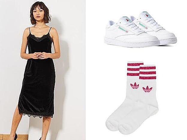 1. Vestido de terciopelo estilo lencero (18 EUR) / 2. Sneakers clásicas Club C 85 (79,95 EUR) / 3. Pack de 2 pares de calcetines con purpurina en rojo y gris de adidas Originals (14,99 EUR).