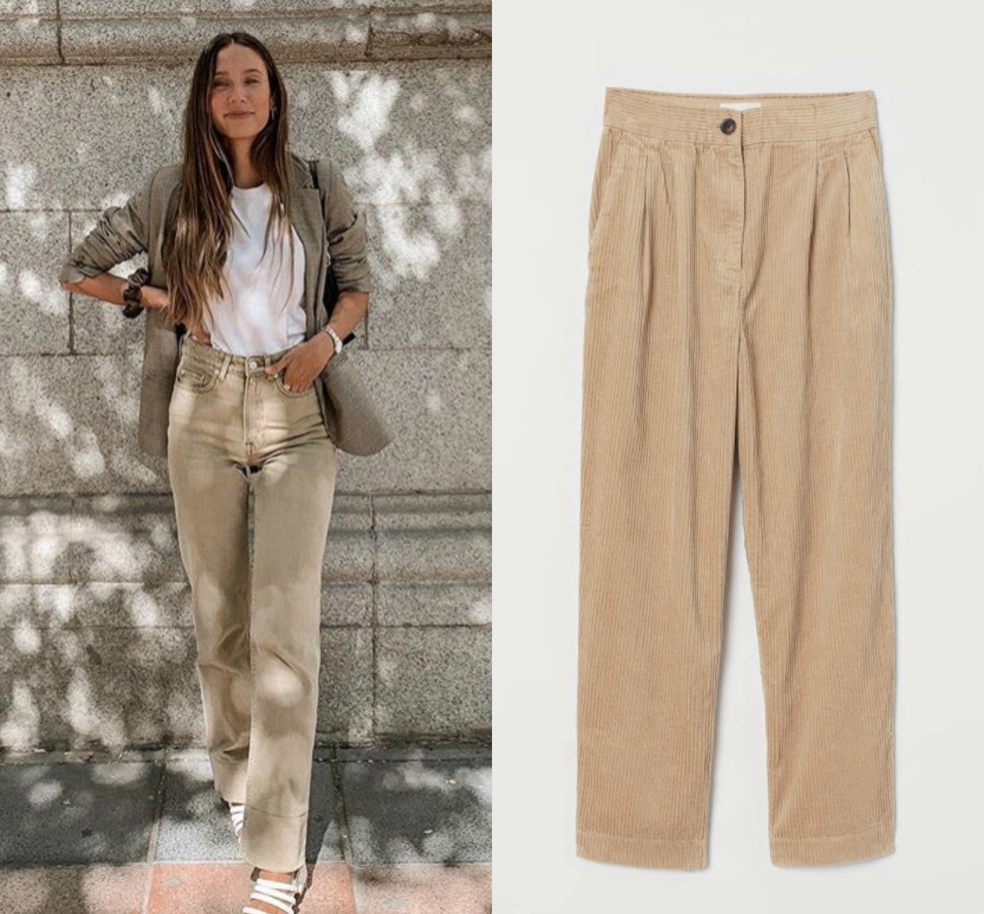 Sal de la rutina con unos pantalones de pana en tono beige, el tejido que va a arrasar este otoño/invierno.  Estos de H&M estilizan cualquier figura y cuestan muy poco . (24,99 euros).