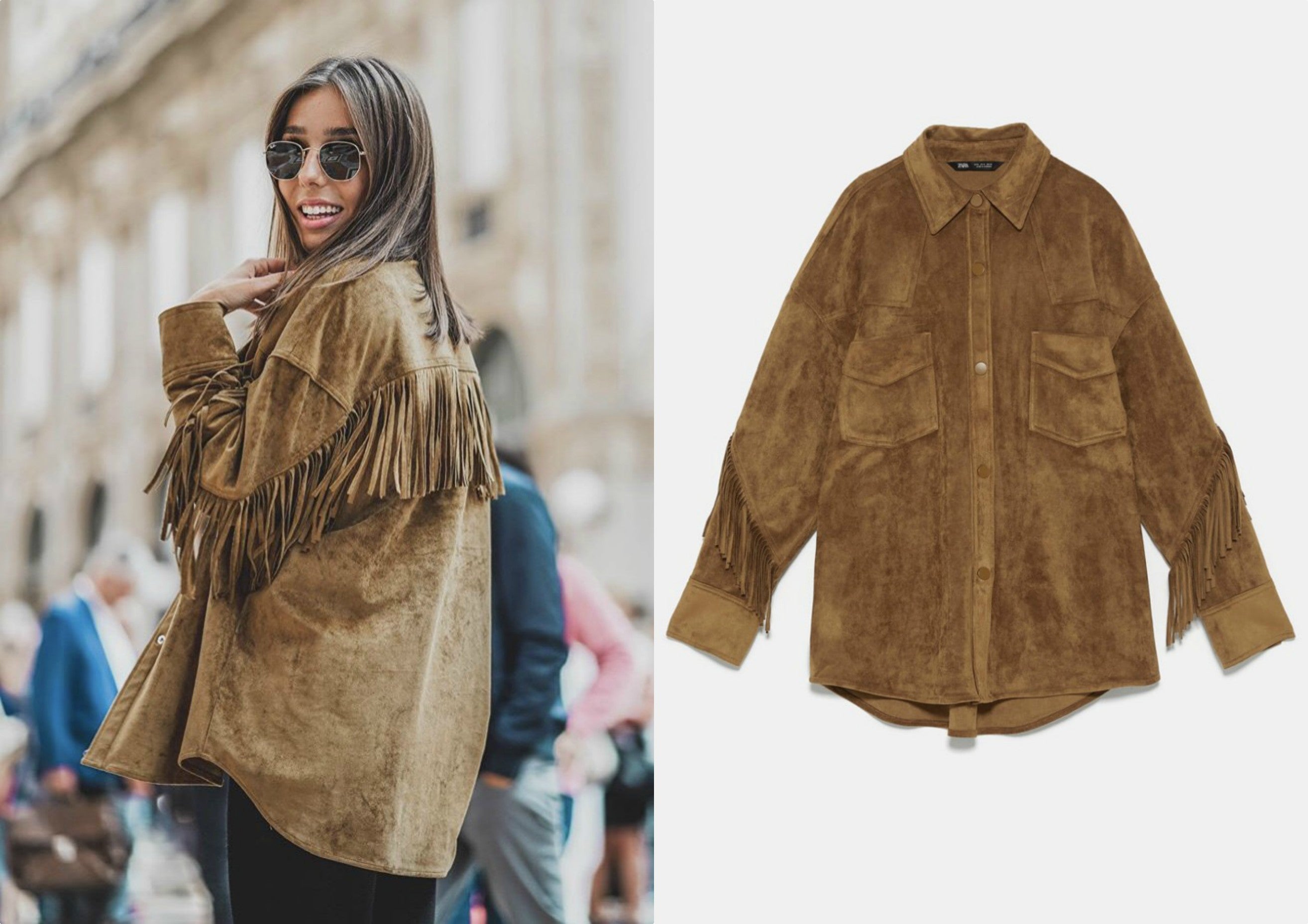 Estamos en la estación de las  sobrecamisas  y esta con flecos de Zara que ya está en el armario de la influencer Inma Serrano nos ha enamorado. Puro estilo tejado con el que lucir tipazo junto a unos jeans y a tus botas cowboy favoritas. (39,95 euros).