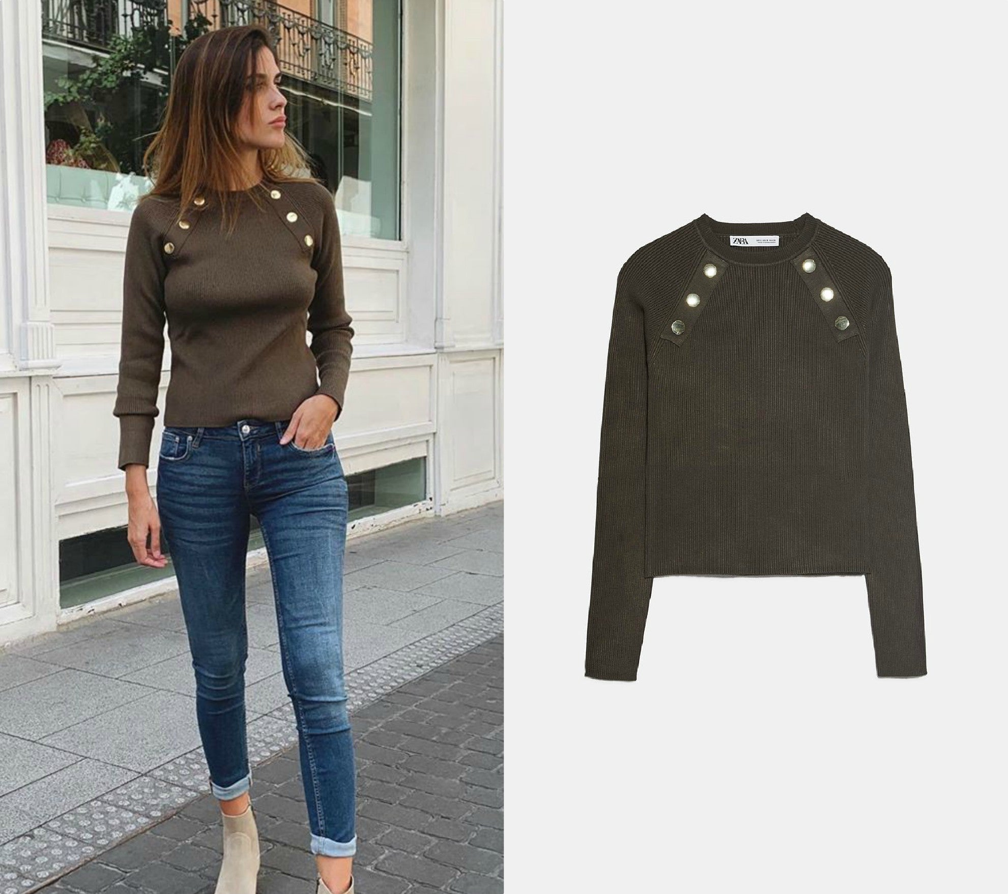 Por último, ficha un jersey de canalé con detalles de botones en los laterales como este de Zara (19,95 euros). Una prenda calentita y original para el entretiempo. Nos encanta cómo lo ha combinado Mery Turiel, con jeans y sus  botines básicos favoritos de Mango .