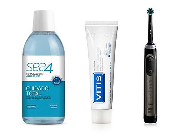 Colutorio Cuidado Total de Sea4 (8,90 €). Pasta de dientes Blanqueadora de Vitis (9,50 €). Cepillo de dientes Genius X de Oral B (329 €).