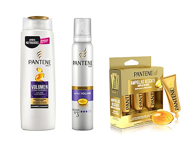Champú Rizos Perfectos, Espuma Perfect Volume y Ampollas Rescate 1 Minuto; todos de Panene Pro V.