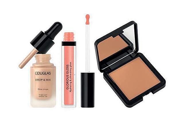 1. Douglas Drop & Mix Glow Drop, en el tono 6. 2. Douglas Glorious Gloss, en el tono 2 Nectarine. 3. Douglas Bronzing Powder.