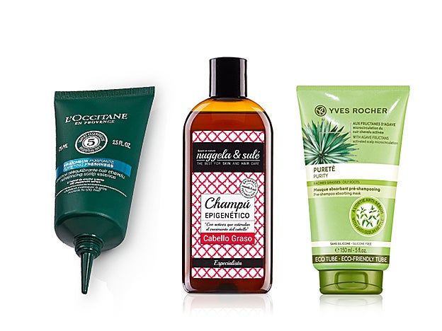 Esencia Re-equilibrante Cuero cabelludo de L’Occitane (26 €). Champú Epigenético Pelo Graso de Nuggela & Sulé (19,90 €).Mascarilla Absorbente Pre-champú de Yves Rocher (10 €).