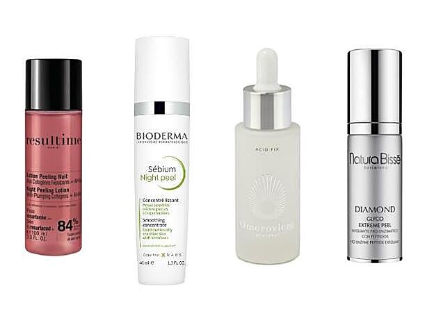 1. Loción Peeling Noche de Resultime (28,90 €). 2. Sébium Night Peel de Bioderma (23,95 €). 3. Acid Fix de Oromovicza (105 €). 4. Diamond Cocoon Glyco Extreme Peel de Natura Bissé (180 €).