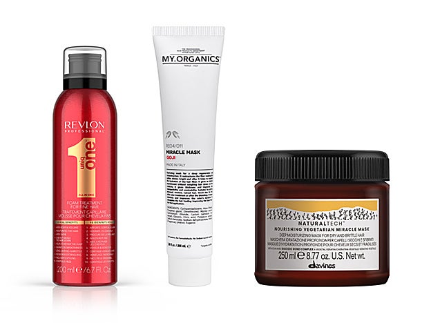 Mascarilla sin aclarado apra cabellos inos UniqOne Foam Treatment de Revlon (16,80 €). Mascarilla hidratante The Miracle Mask Goji de My Organics (29,90 €). Nourishing Vegetarian Miracle Mask, para cabellos secos y quebradizos de Davines (32 €).