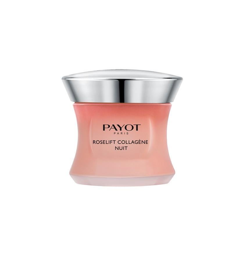Roselift Collagéne Nuit de Payot : por la noche, cuando la piel descansa y se regenera, la crema-aceite actúa para restaurar la densidad, redefinir los rasgos faciales y remodelar el óvalo facial aportando firmeza a la piel. Incluye: Rosactive (extracto de rosa de damasco), péptidos, ácido hialurónico, extracto de peonia y acción lipo-rellenadora (lipofilling) para remodelar los volúmenes faciales. (82,50 €).