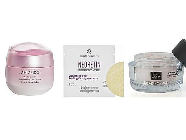 1. Su complejo Sakura-Bright Complex se activa con la tecnología ReNeura. White Lucent Brightening Gel Cream de Shiseido (85 €). 2. Estos discos exfoliantes cuentan con retinoesferas y sistema blanqueante. Neoretin Discrom Control Peelng Despigmentante de Cantabria Labs (22 €). 3. Formulada bajo criterios epigenéticos para unificar y mejorar la resiliencia de la piel. Black Diamond Epigence 145 Sleeping Cream de Martiderm (58 €).