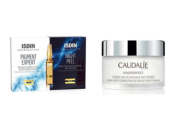 1. Este tratamiento en ampollas exfolia de noche y controla la pigmentación de día. Rutina Day & Night Pigment Expert & Night Peel de ISDIN (33,45 €). 2. El ácido glicólico hace un peeling superficial y la viniferina controla la estimulación de los melanocitos. Vinoperfect Créme Nuit Glycolique Anti-Taches de Caudalie (33,60 €).