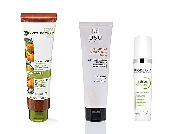 Exfoliante Vegetal de Albaricoque de Yves Rocher (5,95 €). Cleansing & Exfoliant Foam de Usu Cosmetics (12,20 €). Sébium Night Peel de Bioderma (23,95 €).