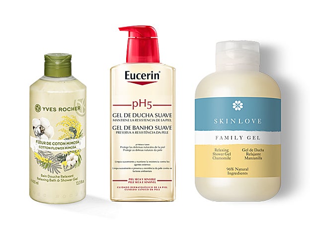 Gel de Ducha Flor de Algodón y Mimosa de Yves Rocher (7,60 €). pH5 Gel de Ducha Suave de Eucerin (12,10 €). Gel de Ducha Relajante Manzanilla de Skinlove (8,90 €).