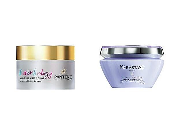 1. Mascarilla Hair Biology Gris Radiante y Suave de Pantene (6,99 €). 2. Masque Blonde Absolu Ultra-Violet de Kérastase (42,40 €).