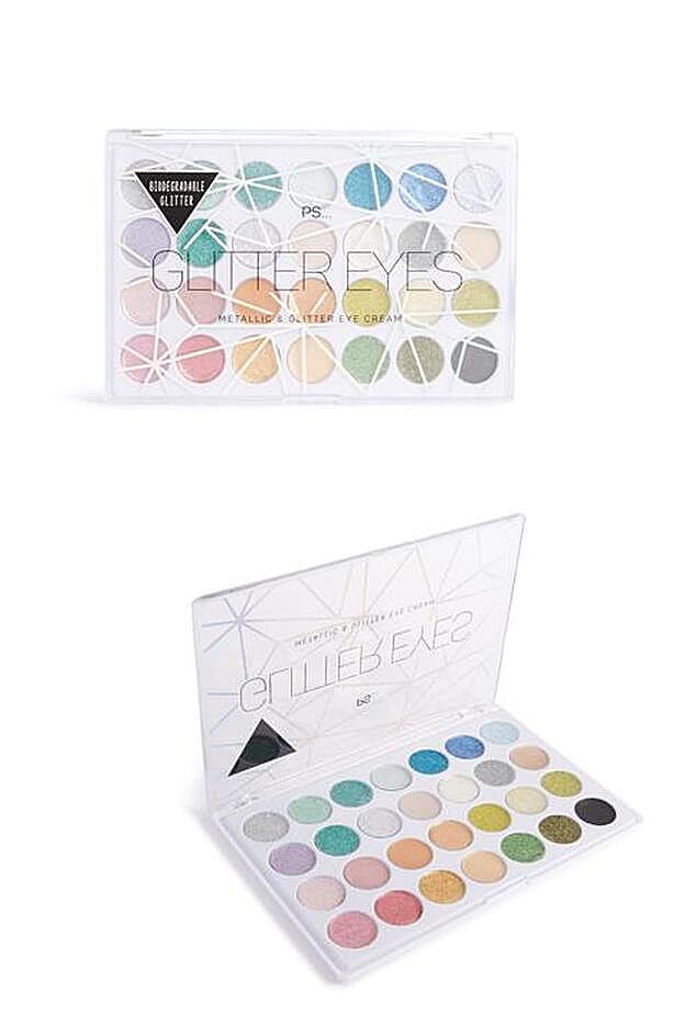 Paleta de 28 sombras de ojos con purpurina biodegradable, 5 euros.