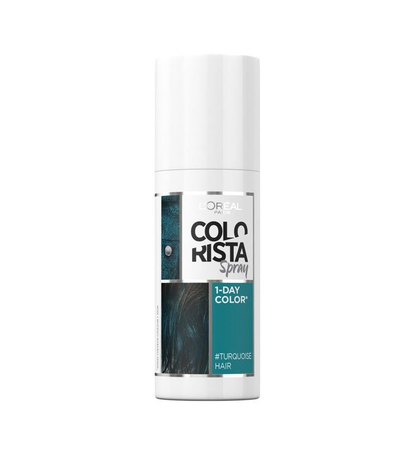 Con su gama de productos de coloración no permanente puedes cambiar de look cada día. Este spray está disponible en 7 tonos, uno para cada día de semana (visibles en todos los cabellos). El tinte temporal desaparece con el primer lavado, se usa con el cabello seco. Color: Turquesa. (7,95 €).