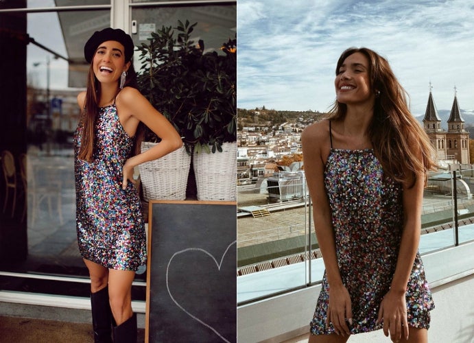 Gracias a María Fernández-Rubíes y a Ana Moya descubrimos este vestido con lentejuelas multicolor de Lefties que sienta de maravilla (25,99 euros).