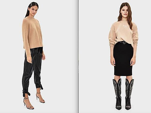 Nuestra propuesta lleva el jersey de la izquierda y la falda de la derecha, pero en realidad también son válidas tal y como están.