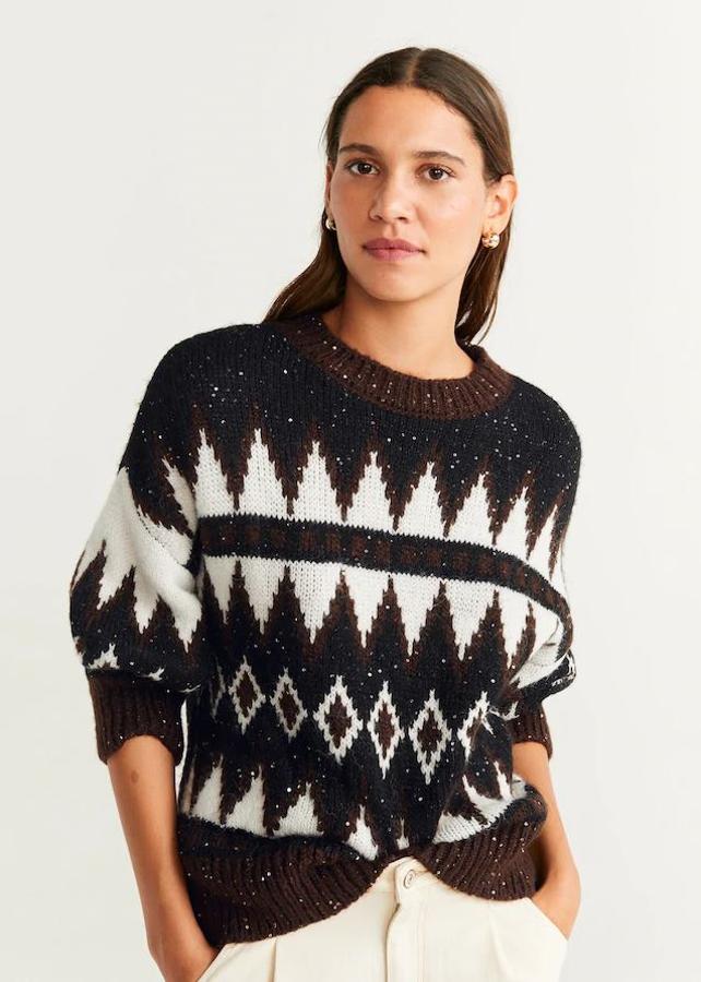 Jersey jacquard con lentejuelas rebajado de 39,99 euros a 25,99 euros.