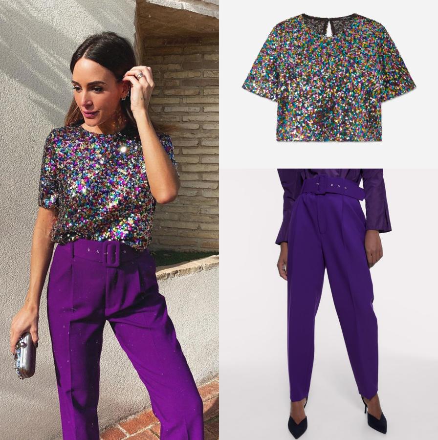 Rocío Osorno propuso  este look de fiesta  que enamoró a sus seguidores y que ahora puedes comprar muy barato: el top de lentejuelas de Lefties por 2,99 euros y el pantalón de pinzas de Zara por 19,99 euros.