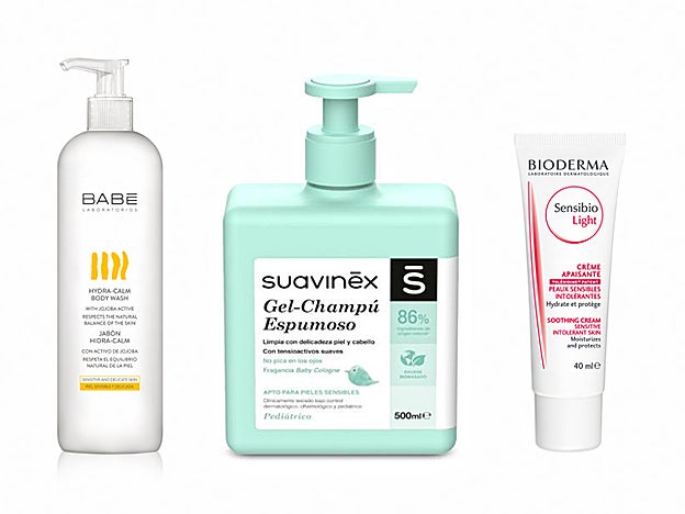 Jabón Hidra-Calm de Babé (14 €). Gel-Champú Espumoso Suavinex (8,95 €). Soothing Cream Sensitive Intolerant Skin de Bioderma (19,95 €).