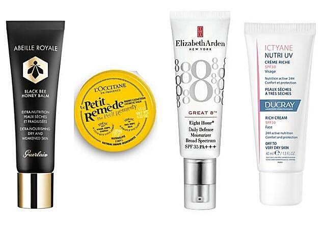 1. Black Bee Honey Balm de Guerlain (57,90 €). 2. Bálsamo multiusos Le Petit Remède de L’Occitane (12 €). 3. Great Eight Hidratante Perfeccionadora SPF35 de Elizabeth Arden (40 €). 4. Ictyane Nutri Crema Rica UV SPF30 de Ducray (20 €).