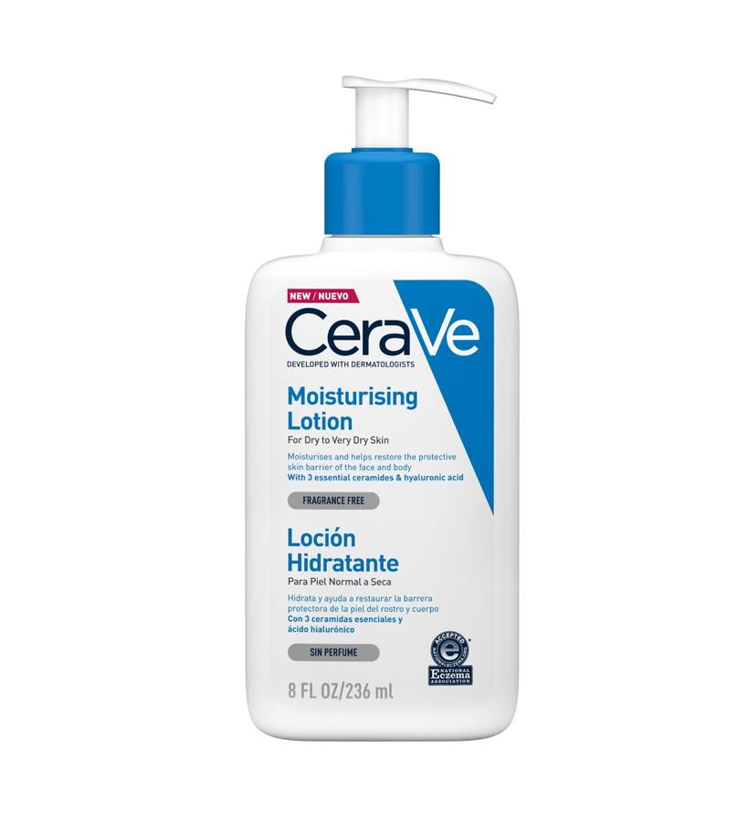 La loción contiene las tres ceramidas esenciales que necesita una piel con aspecto saludable para ayudar a reparar y mantener su barrera protectora natural. Además, incluye ácido hialurónico, para proporcionar una hidratación que dura todo el día después de un solo uso. Su fórmula sin perfume es adecuada para pieles normales a secas, pero también es ideal para pieles sensibles con tendencia a la tirantez y el picor.  Loción Hidratante de CeraVe  (12,70 €).