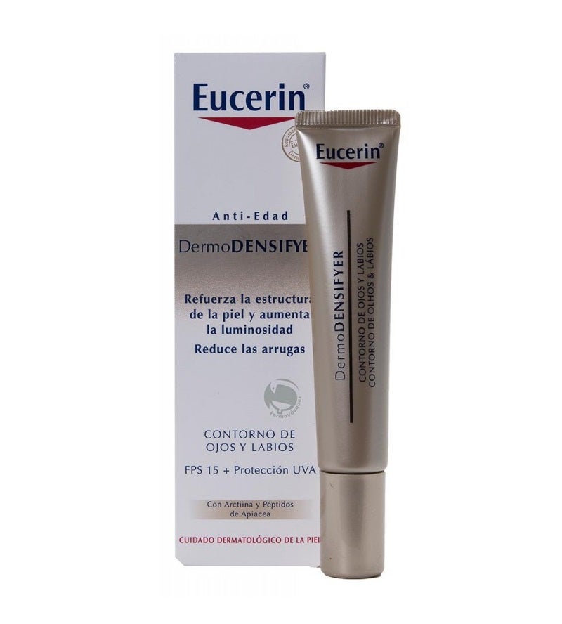 Eucerin Dermodesinfyer contorno de ojos y labios  es ideal para las pieles más maduras. Es una crema antiedad que proporciona densidad al tejido conectivo debilitado, incrementa el volumen de la piel, acelera el proceso de producción de colágeno y evita las manchas producidas por los rayos del sol gracias a su factor de protección solar FPS15. (19,04 euros).