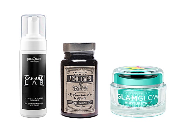 Gel Limpiador Capsule Lab de Postquam (24,50 €). Complemento alimenticio Acne Caps de Mi Rebotica (19,90 €). Crema hidratante Moisturetripde Glamglow (49,95 €, en Sephora).