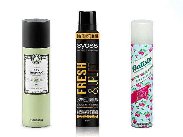 Dry Shampoo de Maria Nila (24 €). Fresh & Uplift de Syoss (3,95 €). Dry Shampoo Cherry de Batiste (3,50 €).
