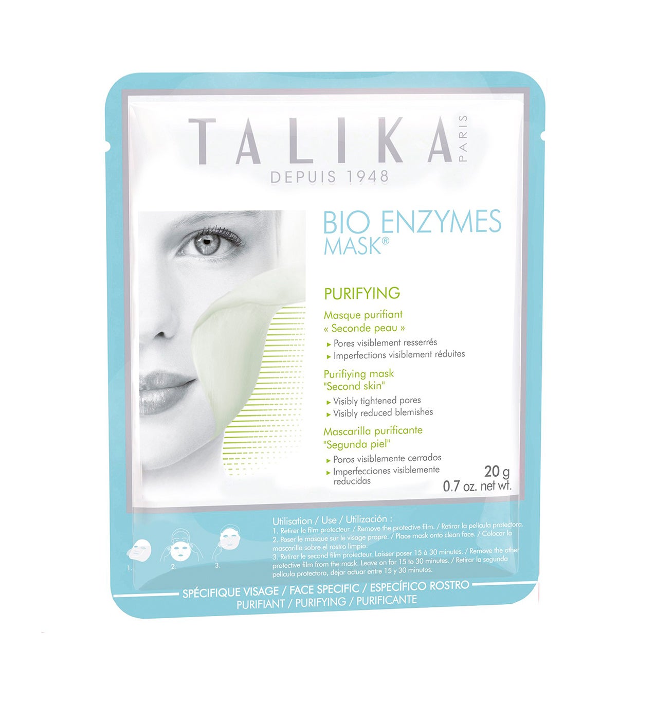 Fabricada con biocelulosa impregnada en un sérum enriquecido con una gran cantidad de ingredientes que ayudan a controlar y purificar la piel grasa con tendencia acnéica. Sus componentes limpiadores controlan la producción de sebo, como la canela, el aceite de argán y las hierbas alpinas, te ayudan a minimizar visiblemente la aparición de los poros, reducir la imperfecciones y el enrojecimiento y matificar los parches grasos. Combate las manchas, los puntos negros y otras imperfecciones de forma experta. El brillo queda controlado y la piel se ve luminosa y purificada.  Enzymes Mask de Talika  (11,30 €).