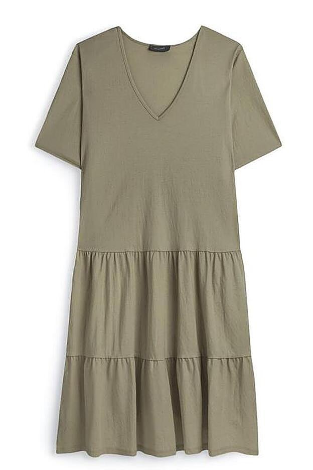 Vestido de algodón en verde militar con volantes, de Primark.