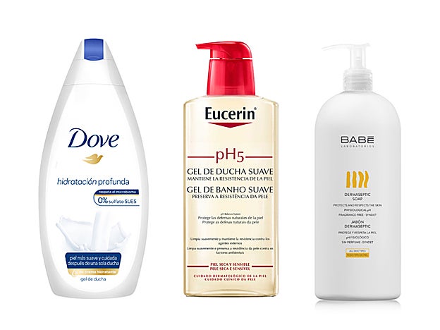 Gel Hidratación Profunda de Dove (3,49 €). pH5 Gel de Ducha Suave de Eucerin (12,10 €). Jabón de Baño Dermaseptic de Babé (14,50 €).