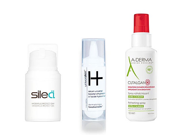 Hydraplus Protect Day Cream de Sileä (30 €). Booster Hidratante de Universkin (55 €). Spray Refrescante Ultra-calmante Cutalgain de A-Derma (11,09 €).