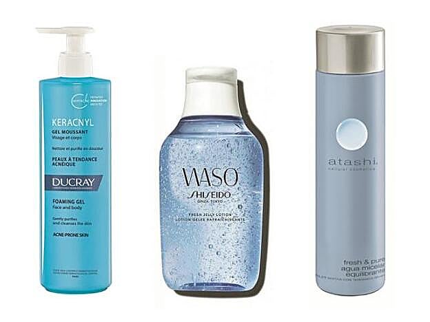 1. DUCRAY: Keracnyl Gel Limpiador Moussant (16,50 €). 2. SHISEIDO: Waso Fresh Jelly Lotion (35 €). 3. ATASHI: Fresh & Pure Agua Micelar Equilibrante (15 €).