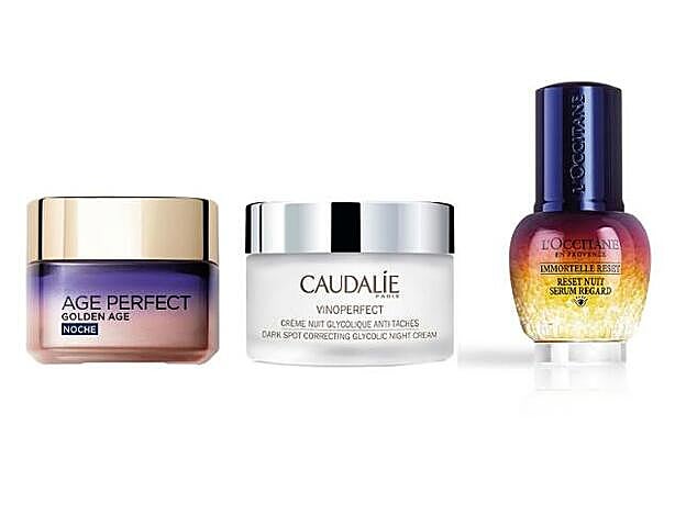 CREMAS DE NOCHE: 1. L’Oréal Paris: Golden Age Noche (14,95 €). 2. Caudalie: Vinoperfect Crema Noche Glicólica Antimanchas (33,60 €). 3. L’occitane: Sérum Mirada Reset Nuit (54 €).