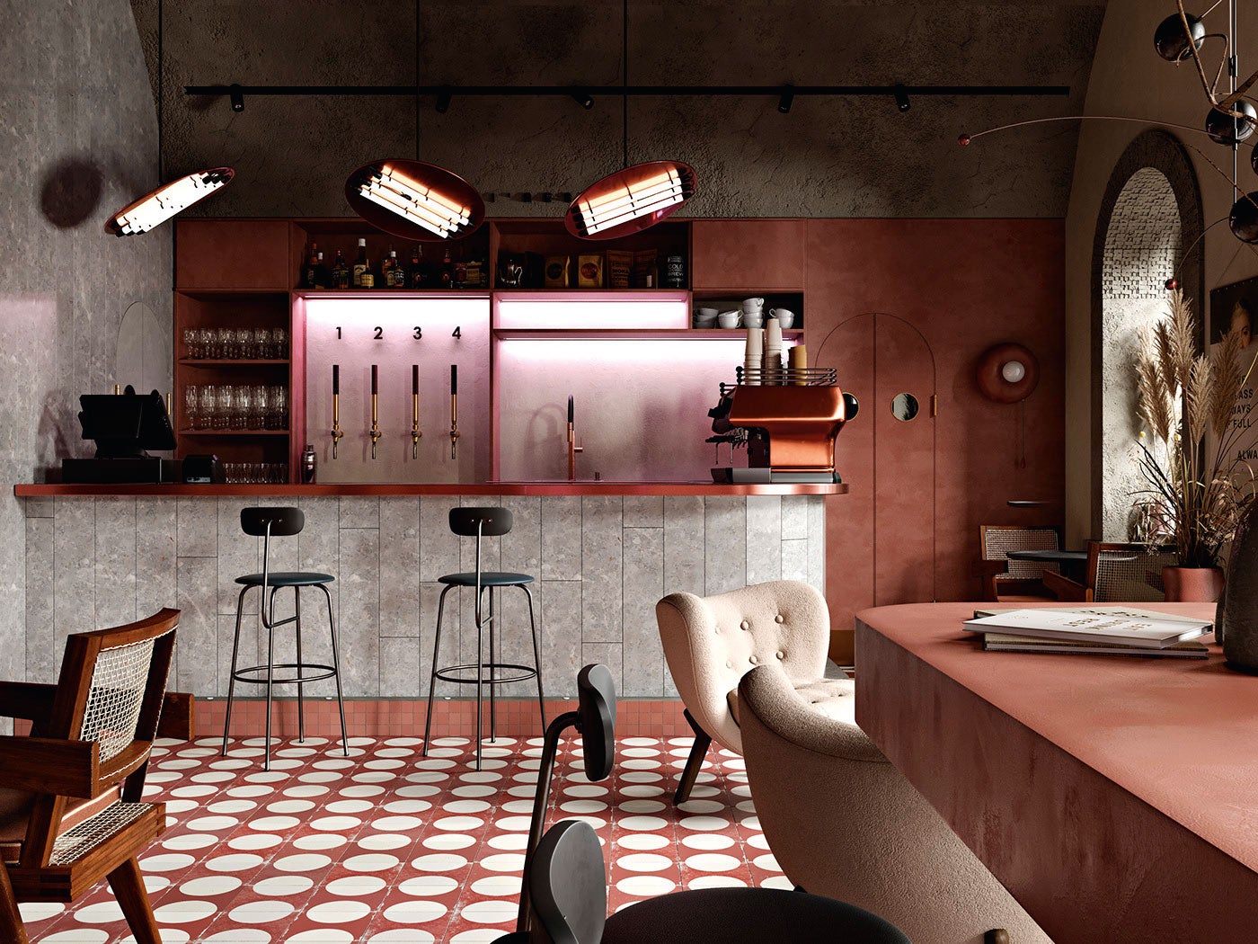 A principios del siglo XX, esta nave de 350 m² albergaba una fábrica de textiles para el hogar. Y a ese pasado industrial ha querido homenajear el arquitecto de interiores Roman Plyus con la chimenea de formas orgánicas, los tonos arcillosos del suelo (se han conservado las baldosas originales donde ha sido posible) y los muebles midcentury, como las sillas de Pierre Jeanneret y de Hans J. Wegner. Para las miradas inocentes, solo es un restaurante. Para los connoisseurs, la escultura Small Lie de KAWS es la señal de que escaleras arriba nos espera un lounge privado con música hasta la madrugada y detalles brutalistas en hormigón.