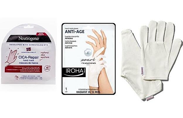 1. Mascarilla manos CICA-Repair de Neutrogena. (3,70 euros). 2. Mascarilla antiedad para Manos Doble Capa de Iroha Nature (3,71 euros). 3. Kit para pies y manos de Clarins. (25 euros).