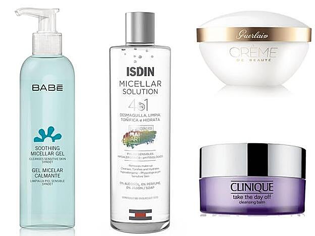 Gel MIcellar de Laboratorios Babé. Agua Micelar 4 en 1 de ISDIN. Creme de Beauté Balsamo Limpiador de Guerlain. Take the Day Off bálsamo desmaquillante de Clinique.
