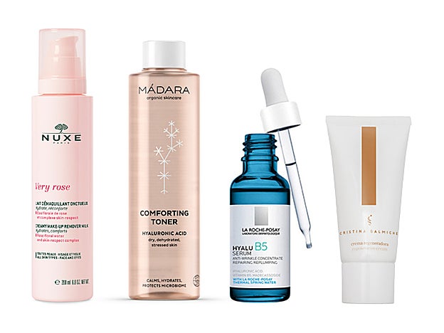 Leche Limpiadora Very Rose de Nuxe (14,90 €). Conforting Toner de Mádara (€). Sérum Hyalu B5 de La Roche-Posay (34,50 €) Crema Regeneradora de Cristina Galmiche (39,50 €).