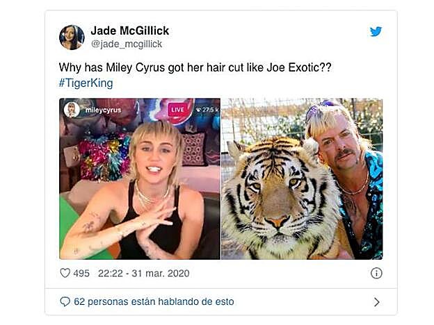 En la imagen se aprecia el parecido que tiene el nuevo corte de pelo con el look capilar de Joe Exotic.