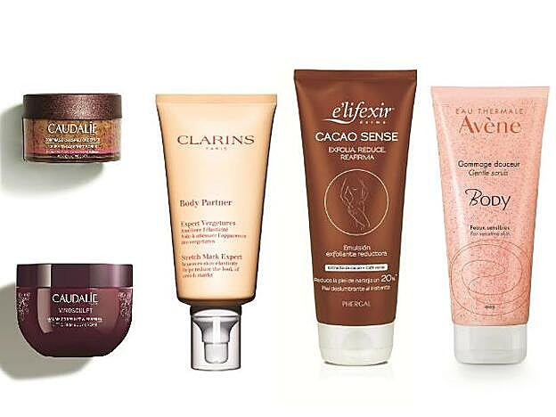 1. Caudalie Gommage Crushed Cabernet (25,20 euros) y Vinosculpt Bálsamo Corporal Lifting & Firmeza, un dúo para exfoliar y tonificar (28,60 euros). 2. Clarins Body Partner Tratamiento Completo Antiestrías (54 €). 3. E’Lifexir Cacao Sense Emulsión Exfoliante Reductora (16,85 euros). 4. Avène Body Exfoliante Suavidad, con un complejo oleo-calmante (15,44 euros).