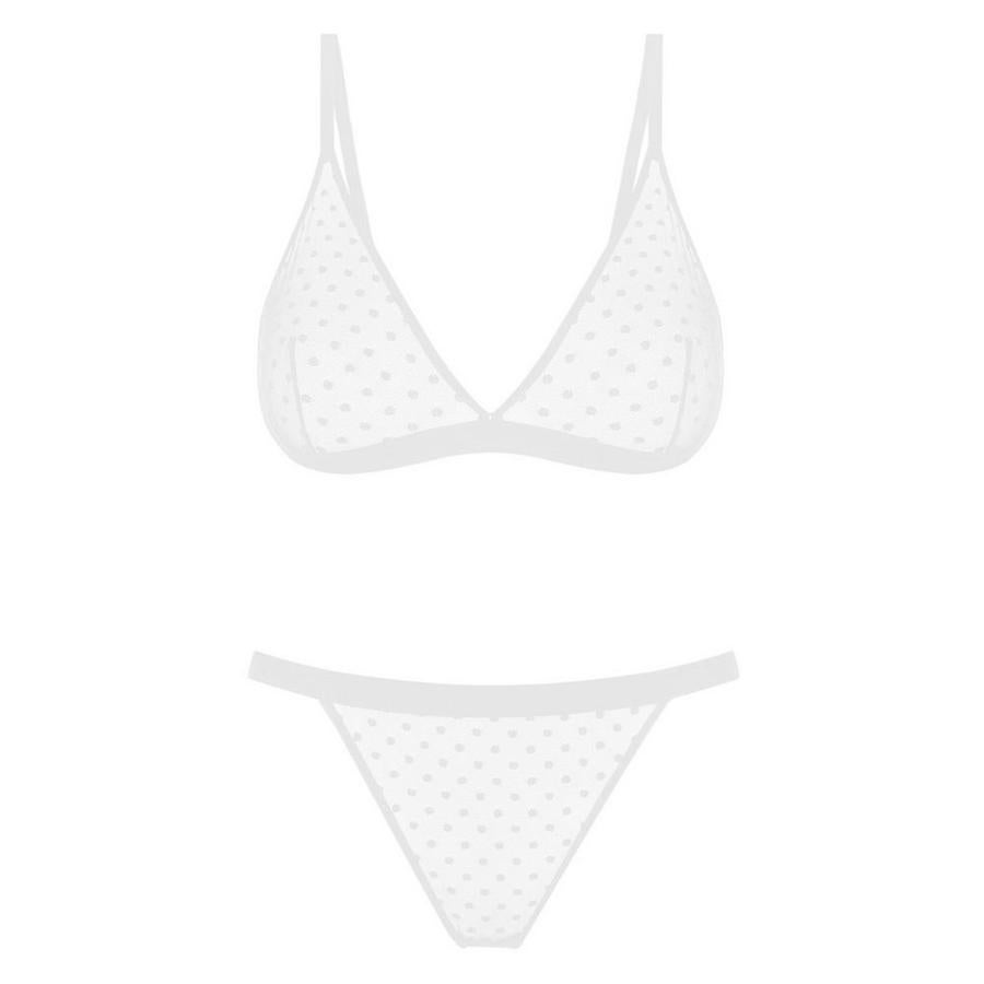 Conjunto de braguita y sujetador blanco transparente con lunares de Primark, (6 euros).