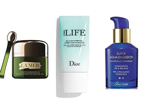1. LA MER: The New Eye Concentrate (195 €). 2. DIOR: Matte Dew Hydration Sorbet Droplet Emulsion (64 €). 3. GUERLAIN: Super-Aqua Emulsion Universal Hydratation Pre & Pro Age (124,60 €).