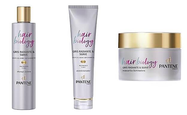 1. Champú Hair Biology Gris Radiante y Suave (5,99 euros). 2. Acondicionador Hair Biology Gris Radiante y Suave (5,99 euros). 3. Mascarilla Hair Biology Gris Radiante y Suave (6,99 euros). Todo de Pantene.