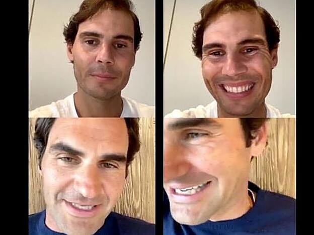 Rafa Nadal y Roger Federer durante su videollamada de confinamiento.